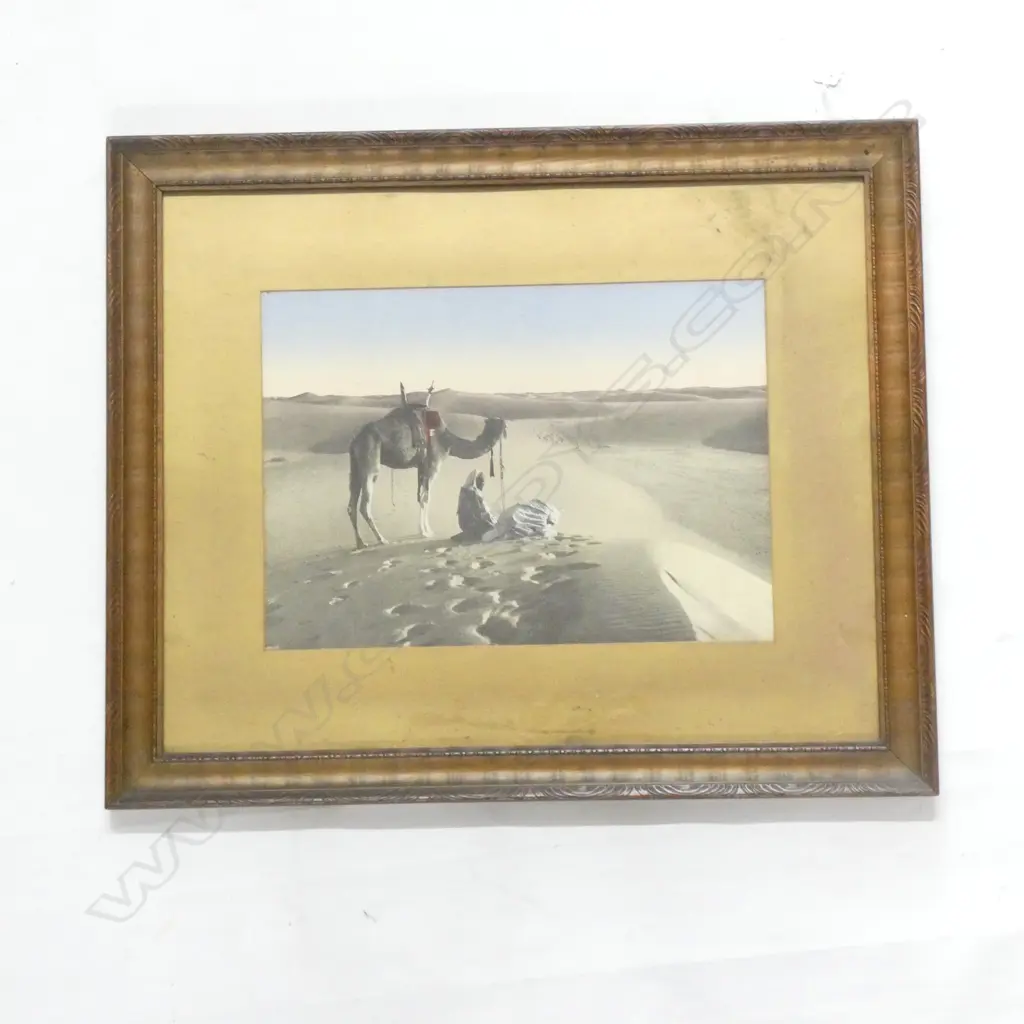 DESERT SCENES CHROMOLITHO BY LEHNERT ET LANDROCK, ‘PRAYER IN THE DESSERT’ C.1920. GILT FRAMED. 470 x 570mm OVERALL. Image 1++