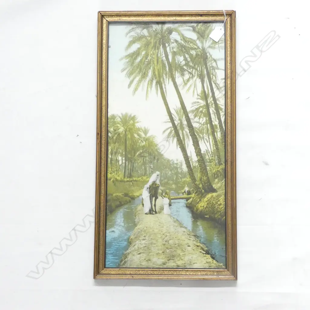 DESERT SCENES CHROMOLITHO BY LEHNERT ET LANDROCK, 5065 ‘DANS L’OASIS’, GILT FRAMED, 630mm x 330mm OVERALL. Image 1++