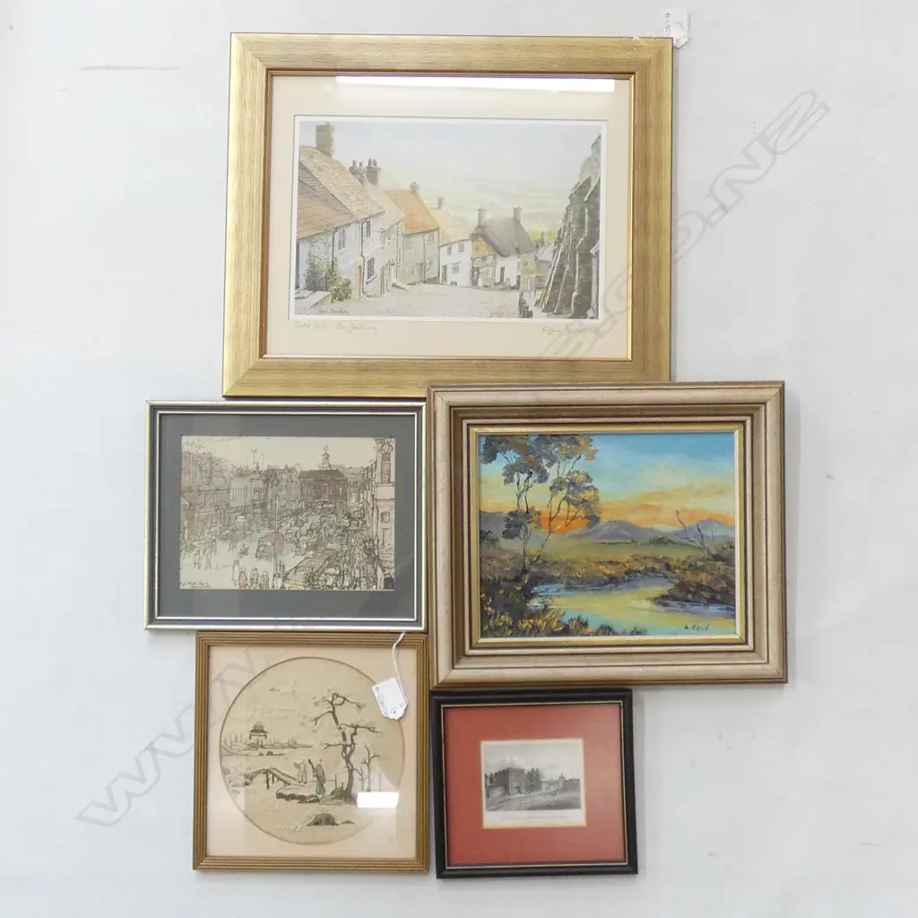 5 ASST ARTWORKS; ORIENTAL SILK TAPESTRY / ROBIN DAVIDSON WATERCOLOUR ETC.. LARGEST 290 X 185MM Image 1++