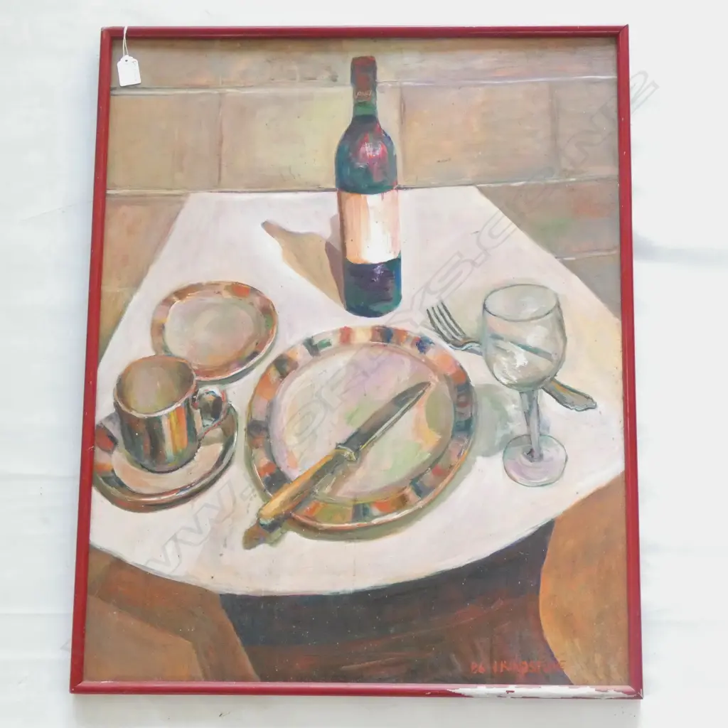 IAN KINGSTONE (1942-) 'WINE BOTTLE WITH PLATES' ACRYLIC '86 740x590mm Image 1++