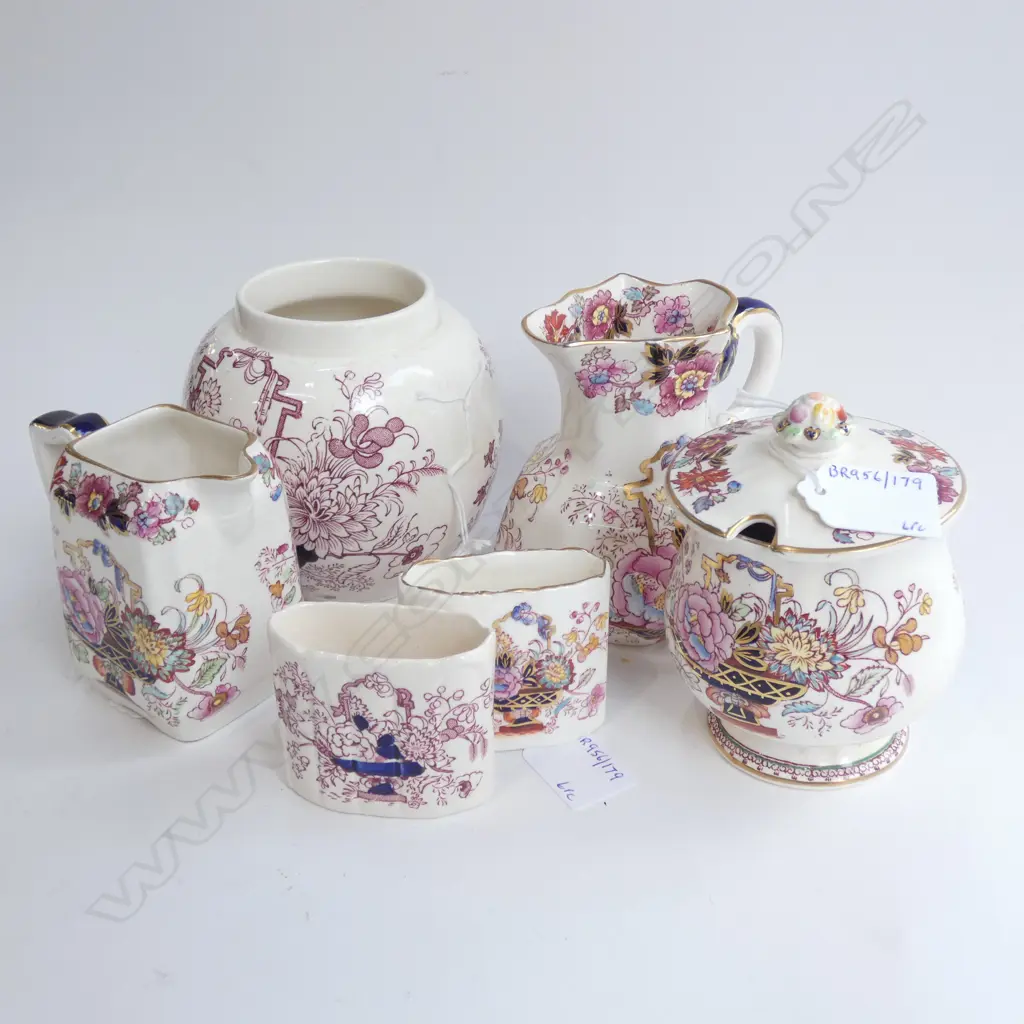 MASON IRONSTONE 2 JUGS 2 TOOTHPICK HOLDERS LIDDED JAR & ANOTHER BROCADE PAT Image 1++