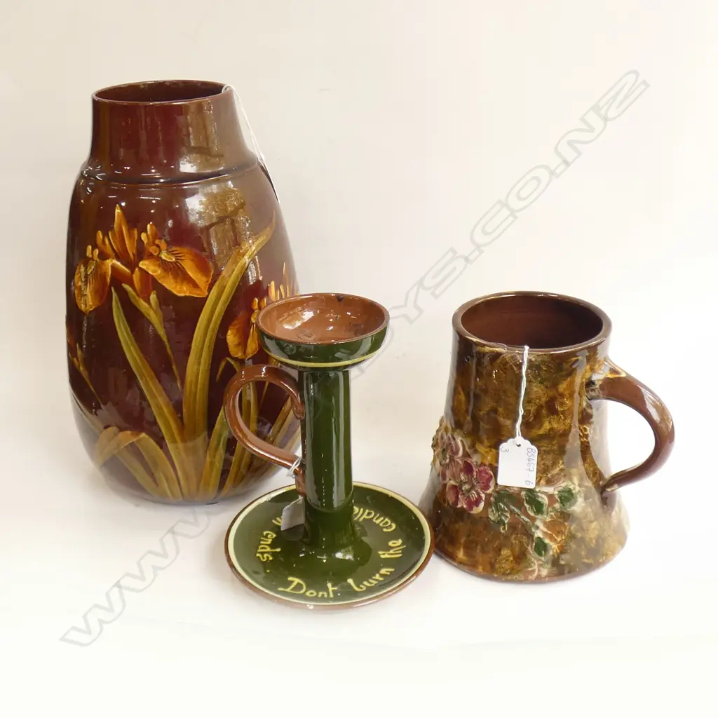 2 LG FLORAL PAINTED TORQUAY WARE VASE (LARGEST H 315MM ) & CANDLE HOLDER (H 195MM) Image 1++