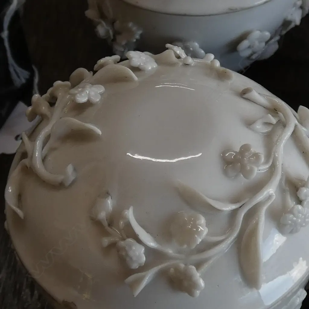PAIR 19TH C GERMAN BLANC DE CHINE LIDDED ORNATE DISHES Image 1++