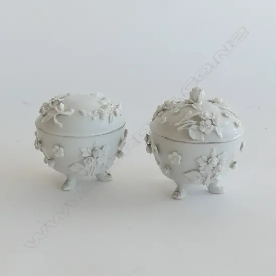 PAIR 19TH C GERMAN BLANC DE CHINE LIDDED ORNATE DISHES