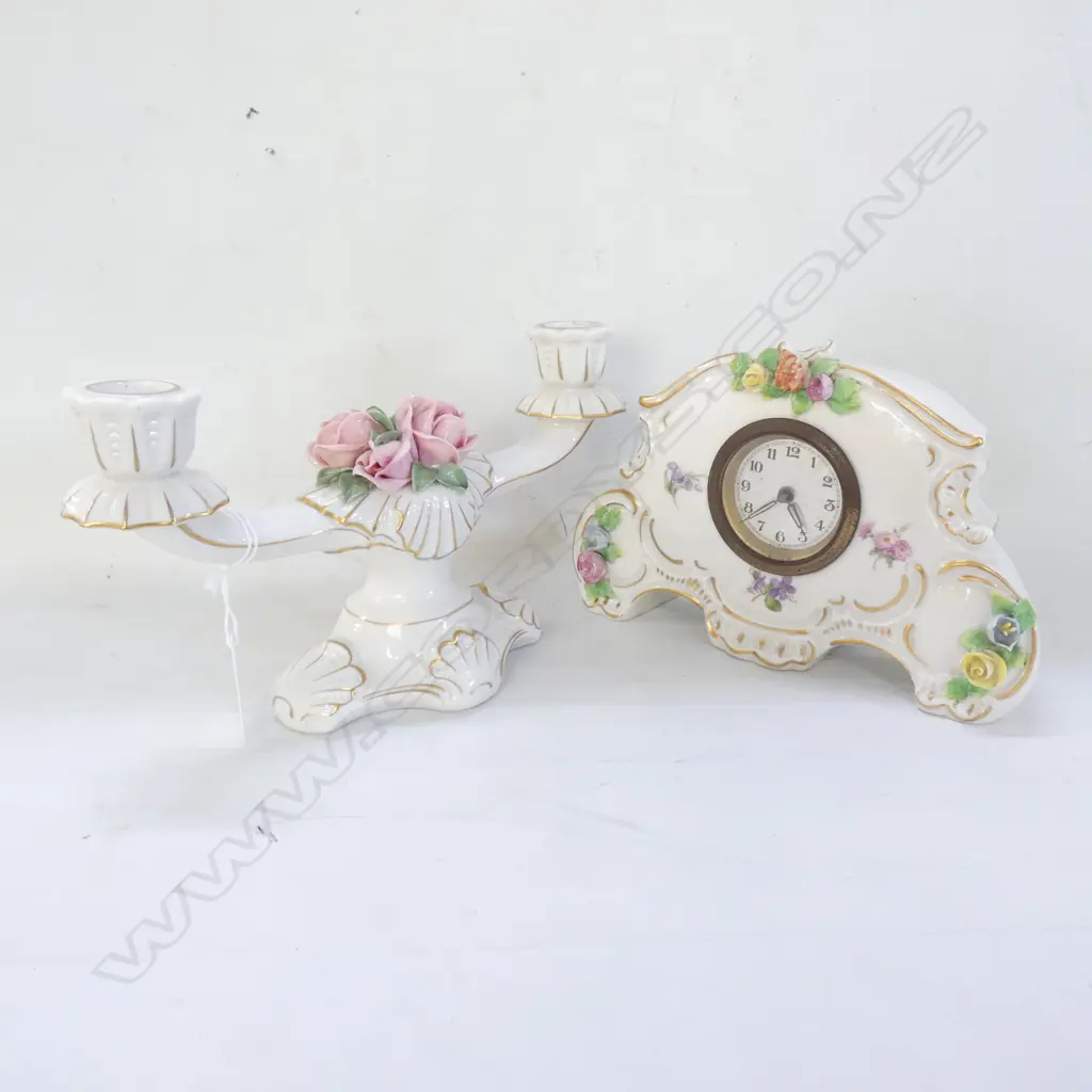 GERMAN PORCELAIN DESK CLOCK (WORKS) & CANDLEHOLDER Image 1++