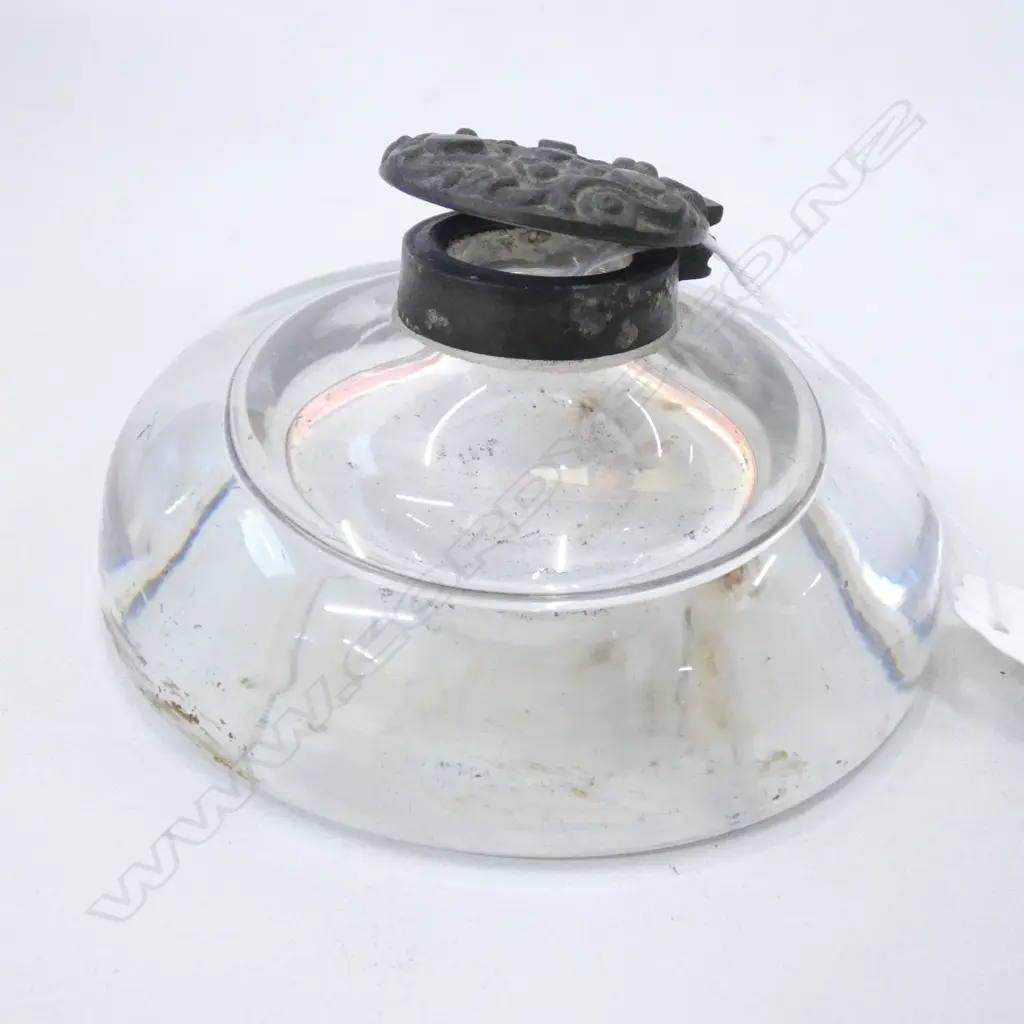 OLD HEAVY GLASS DOME INK WELL - METAL HINGED LID- DIA 115MM Image 1++
