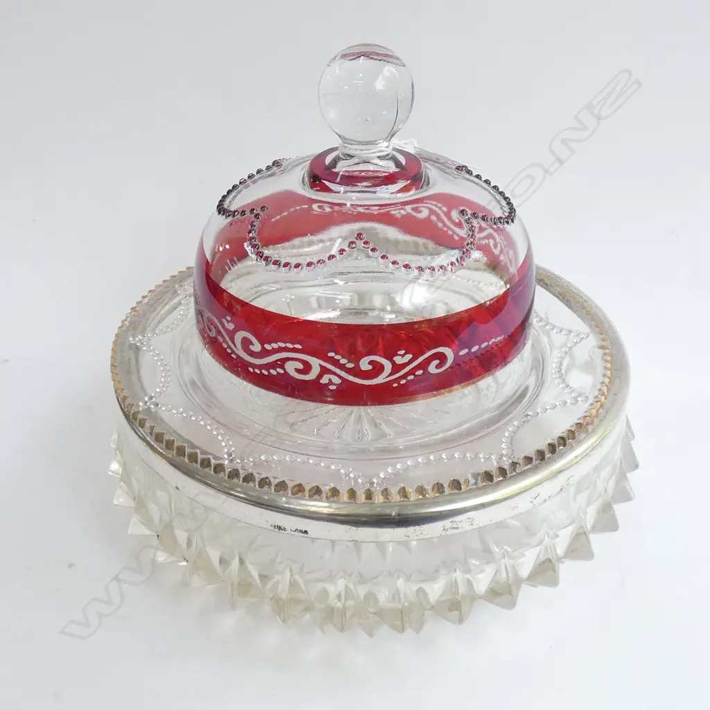 VINTAGE RUBY & GLASS CHEESE DOME & SILVER PLATE RIMMED CUT GLASS BOWL DIA 220MM Image 1++