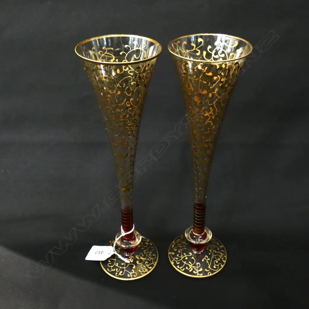 PR VENETIAN STYLE GILDED & RUBY GLASS CHAMPAGNE FLUTES H. 270MM Image 1++