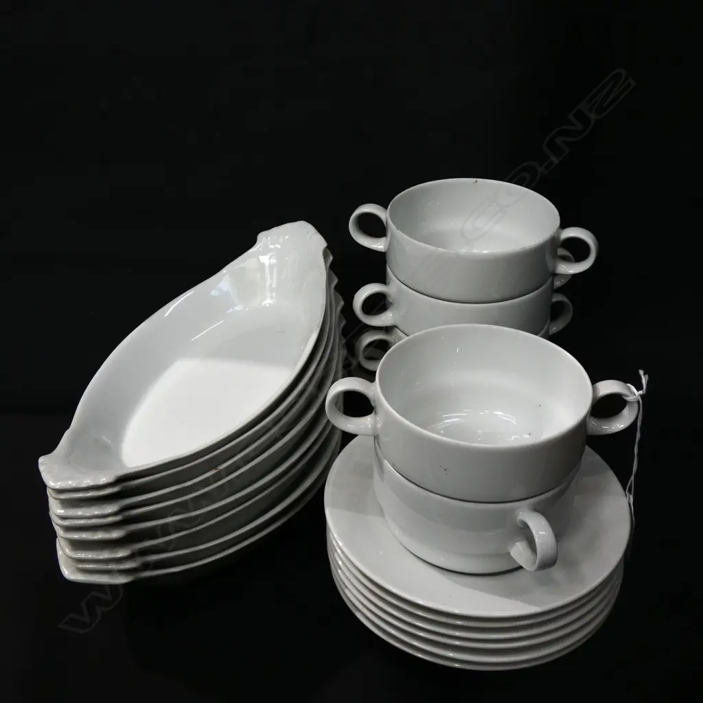6 ARZBERG SOUP COUPES & SAUCERS + 8 WHITE CHINA SERVING DISHES L.230mm Image 1++