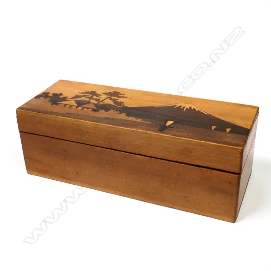 Wooden Triple Stamp Box, Japanese scene including Mt. Fuji on the hinged top.