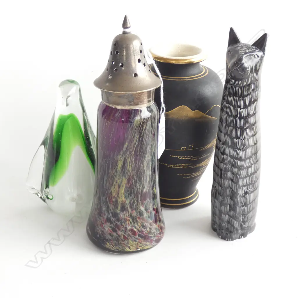 AMETHYST GLASS SIFTER, ART GLASS PENGUIN, SATSUMA VASE, BLACK STONE CAT H.200mm Image 1++
