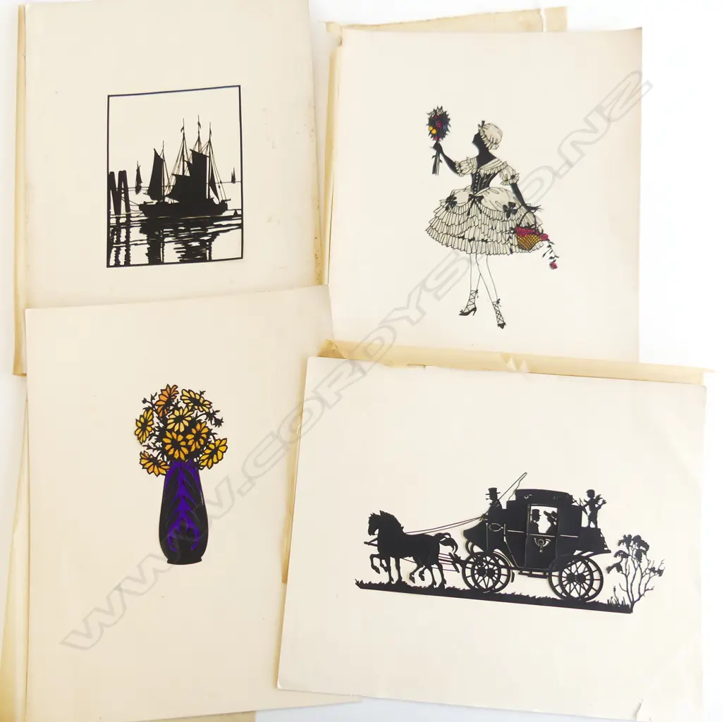 4 1930s FRENCH CUT PAPER SILHOUTTE DESIGNS 320x250mm... Image 1++