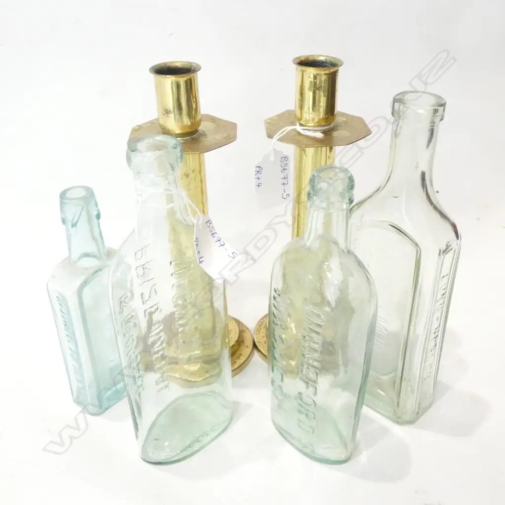 4 OLD BOTTLES - MAGNESIA & COUGH REMEDY & 2 BRASS CANDLE HOLDERS (H 210MM) Image 1++