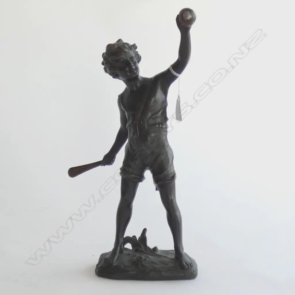 BRONZE FINISH SPELTER FIGURINE - BOY WITH BAT & BALL - SIGNATURE TO BASE H. 370MM Image 1++