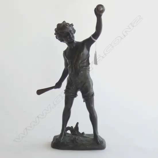 BRONZE FINISH SPELTER FIGURINE - BOY WITH BAT & BALL - SIGNATURE TO BASE H. 370MM