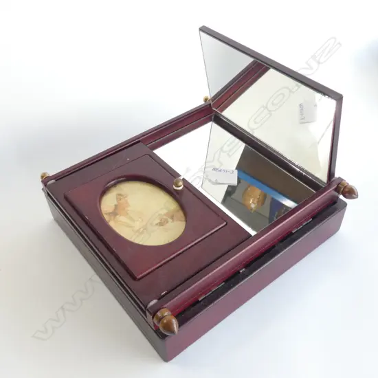 WOODEN JEWELLERY BOX WITH MIRROR  265 X 260MM & RED VINYL JEWELLERY BOX W KEY L 280MM