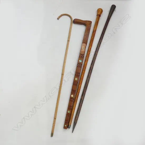 4 WALKING STICKS, PAUA INSET ETC L.1020mm