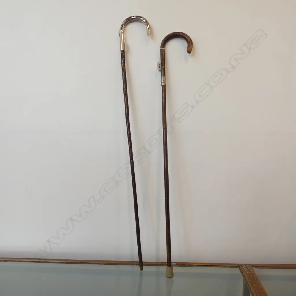 2 OLD CANE WALKING STICKS; 1 W STG BAND / 1 W CHROME HANDLE  Image 1++
