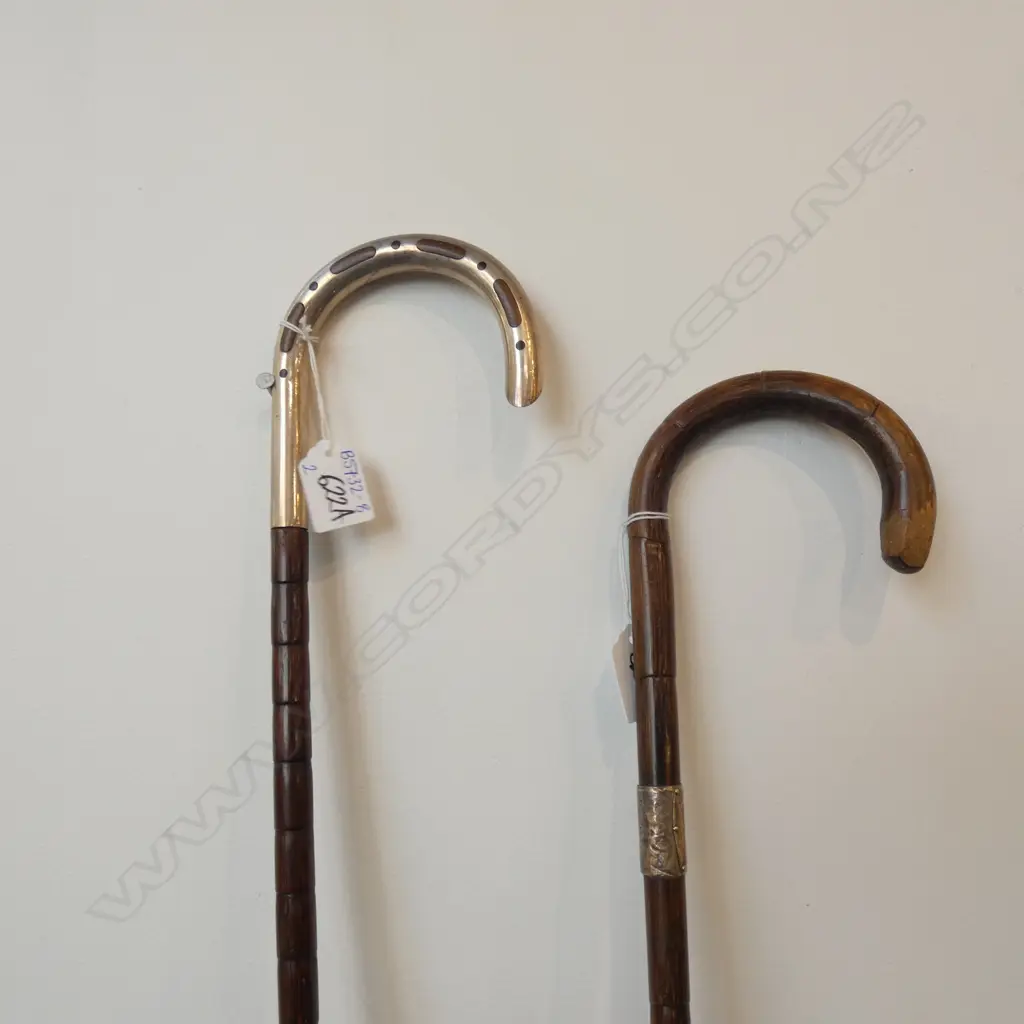 2 OLD CANE WALKING STICKS; 1 W STG BAND / 1 W CHROME HANDLE  Image 1++