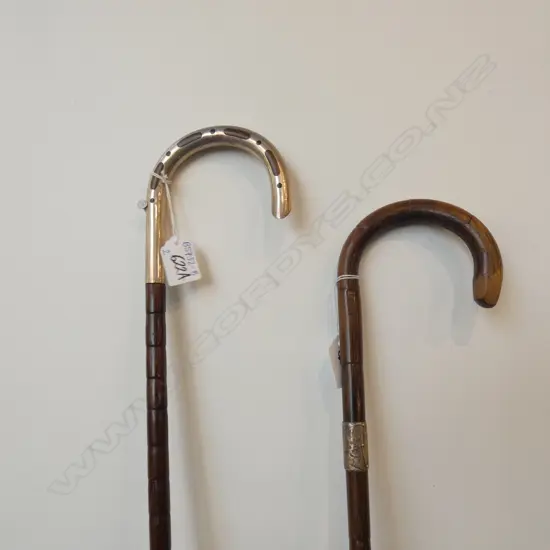 2 OLD CANE WALKING STICKS; 1 W STG BAND / 1 W CHROME HANDLE 