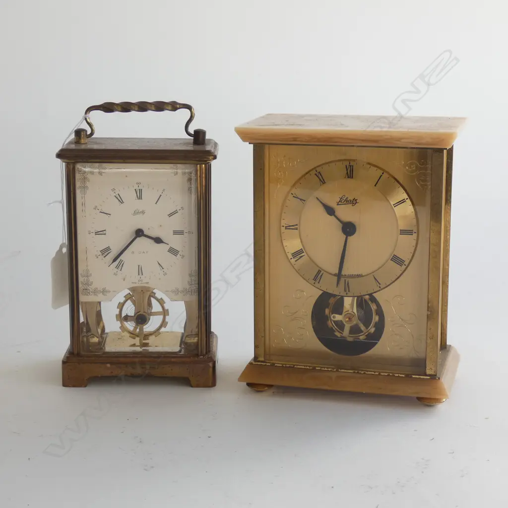 2 SCHATZ GERMAN CARRIAGE CLOCKS C1950 H140 APPARENTLY WORKING  Image 1++