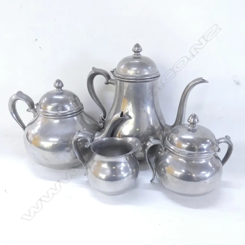 OLD 4 PC PEWTER TEA SET; TEAPOT / COFFEE POT / SUGAR BOWL & JUG Image 1++