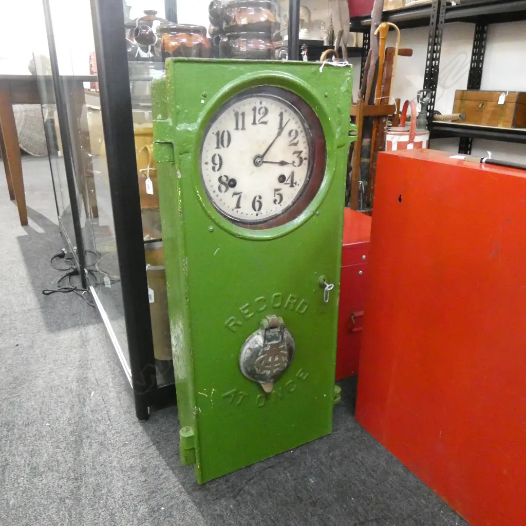 VINTAGE AUCKLAND TROTTING CLUB LONG CASE CLOCK; GREEN PAINTED CAST IRON H.750mm Image 1++