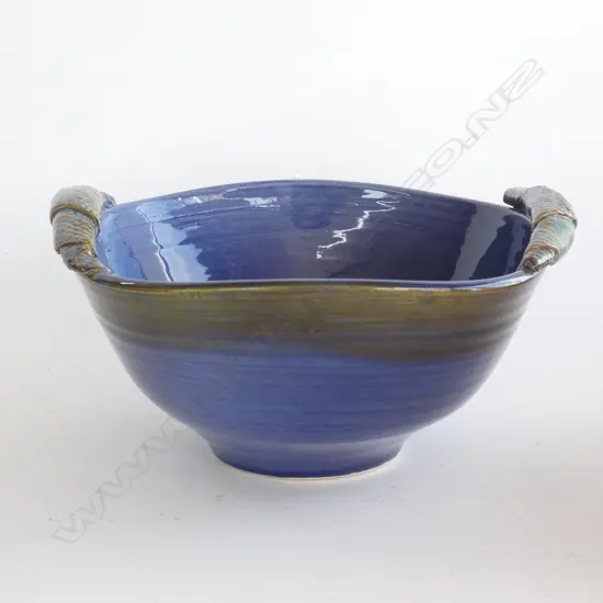 MARGERY SMITH STUDIO POTTERY BLUE GLAZED BOWL W.230mm