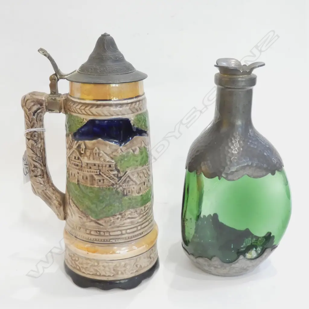 OLD GREEN GLASS & PEWTER DECANTER (H. 230MM) & MUSICAL CHARACTER TANKARD (WORKING) (H. 260MM) Image 1++