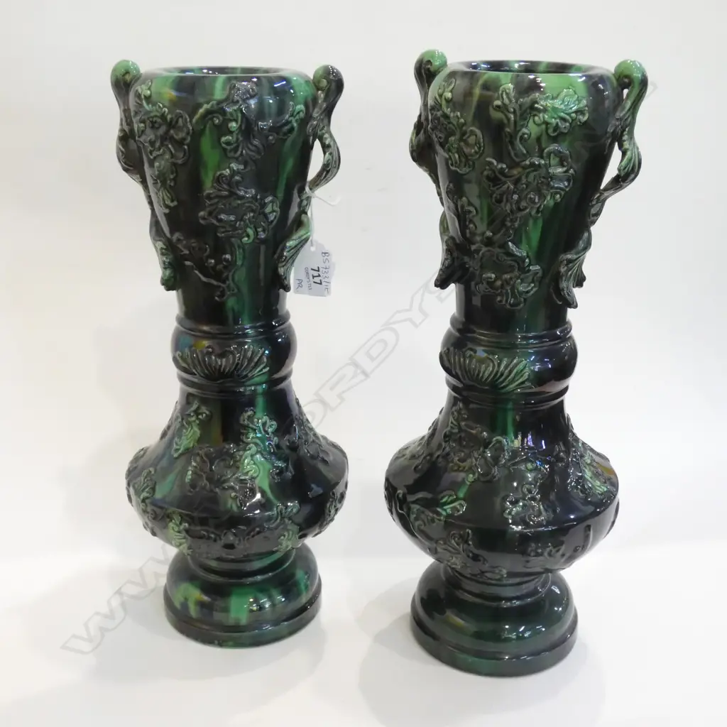 PR JAPANESE AWAJI WARE VASES; BLACK & GREEN GLAZE H.360mm Image 1++