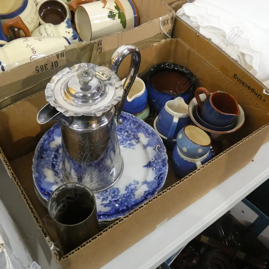 BOX ASST INCL SILVER PLATE COFFEE POT; TORQUAY MOTTO WARE ETC.. Image 1++
