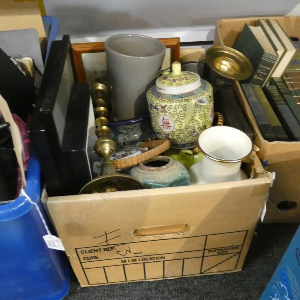 BOX LOT ASST. CERAMICS; ORIENTAL TEAPOTS, PR BRASS CANDLESTICKS, CASED CUTLERY ETC Image 1++
