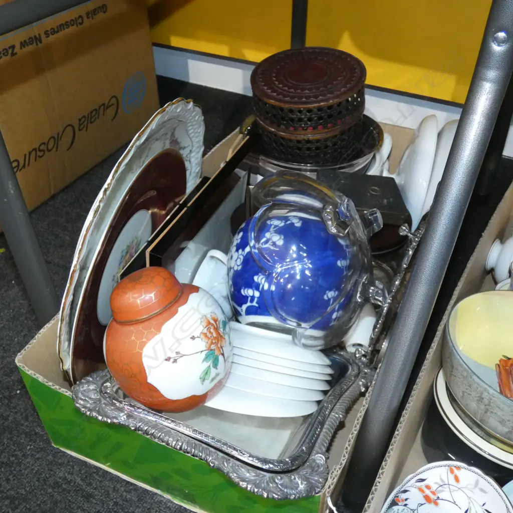 BOX LOT GERMAN DINNERWARE, GINGER JARS ETC Image 1++