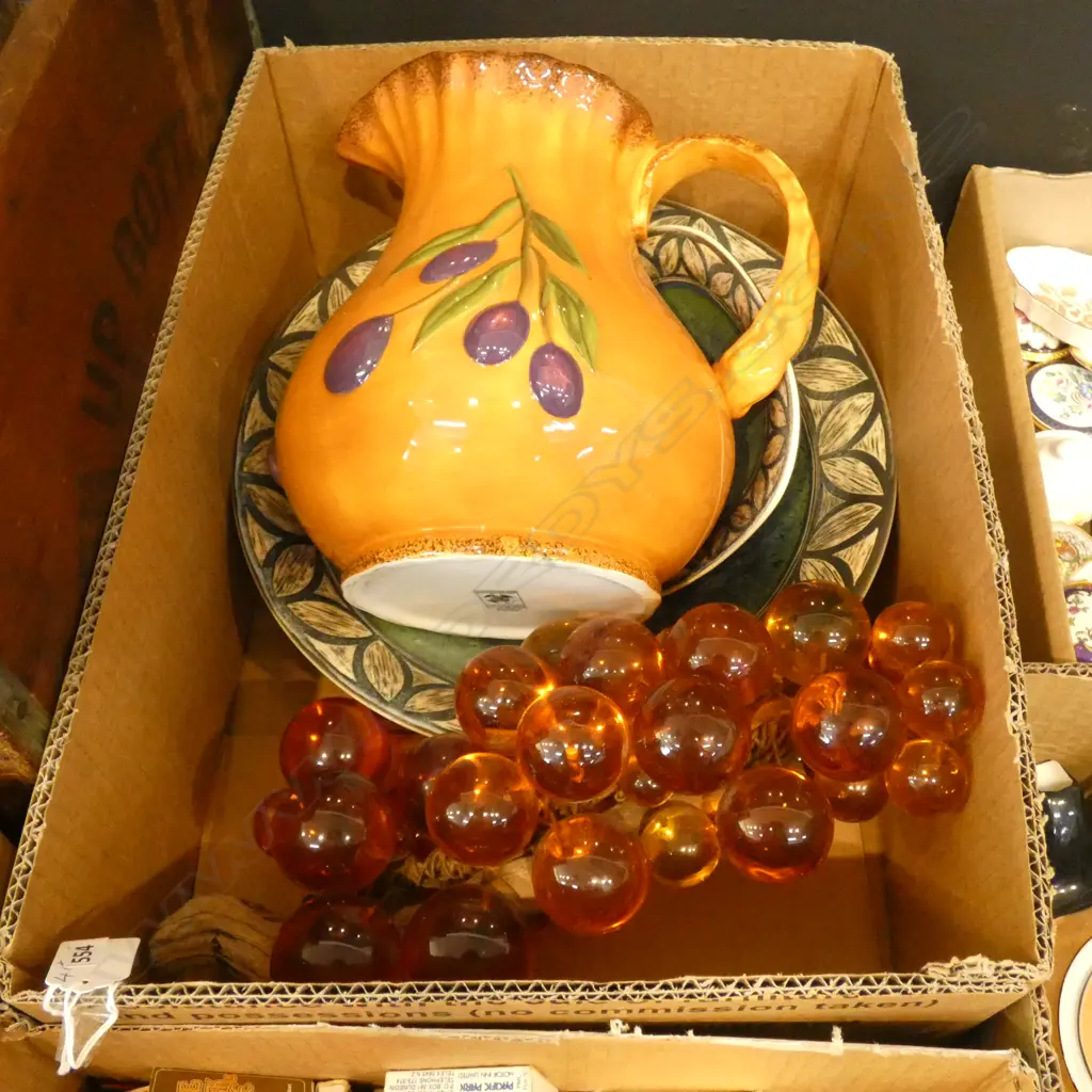 LGE ORANGE JUG DECORATED, 2 DISHES MARKED "RICHARDS" & FAUX PLASTIC GRAPE BUNCH Image 1++