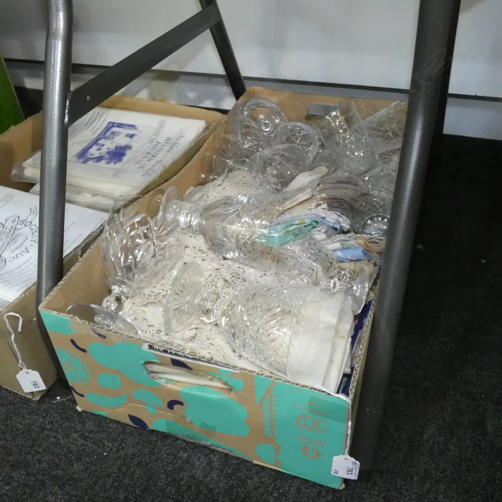 BOX LOT ASST. LINENS & CRYSTAL  Image 1++
