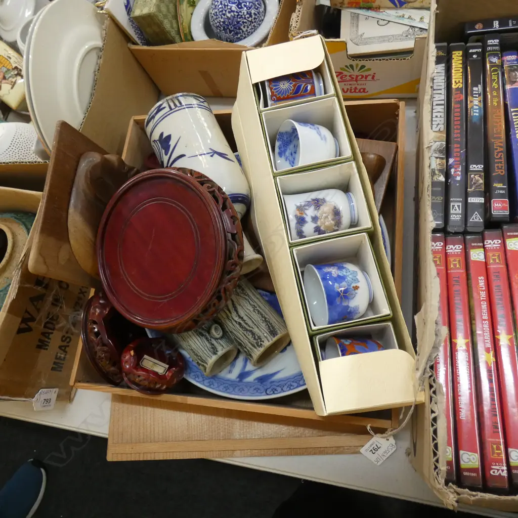 BOX LOT ASST. ORIENTAL ITEMS; ROSEWOOD STANDS, CERAMICS ETC Image 1++