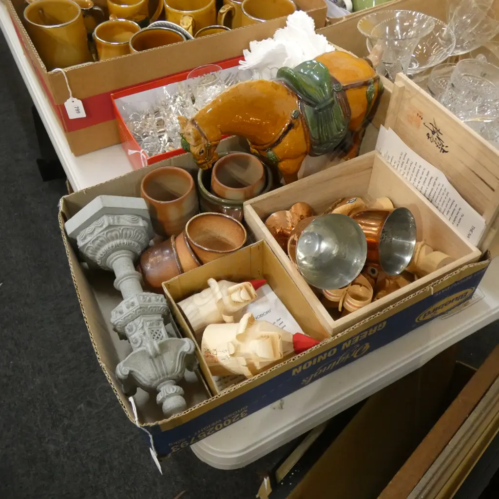 BOX LOT ASST. ORIENTAL ITEMS; SASANOBORI, HORSE, POTTERY CUPS ETC Image 1++