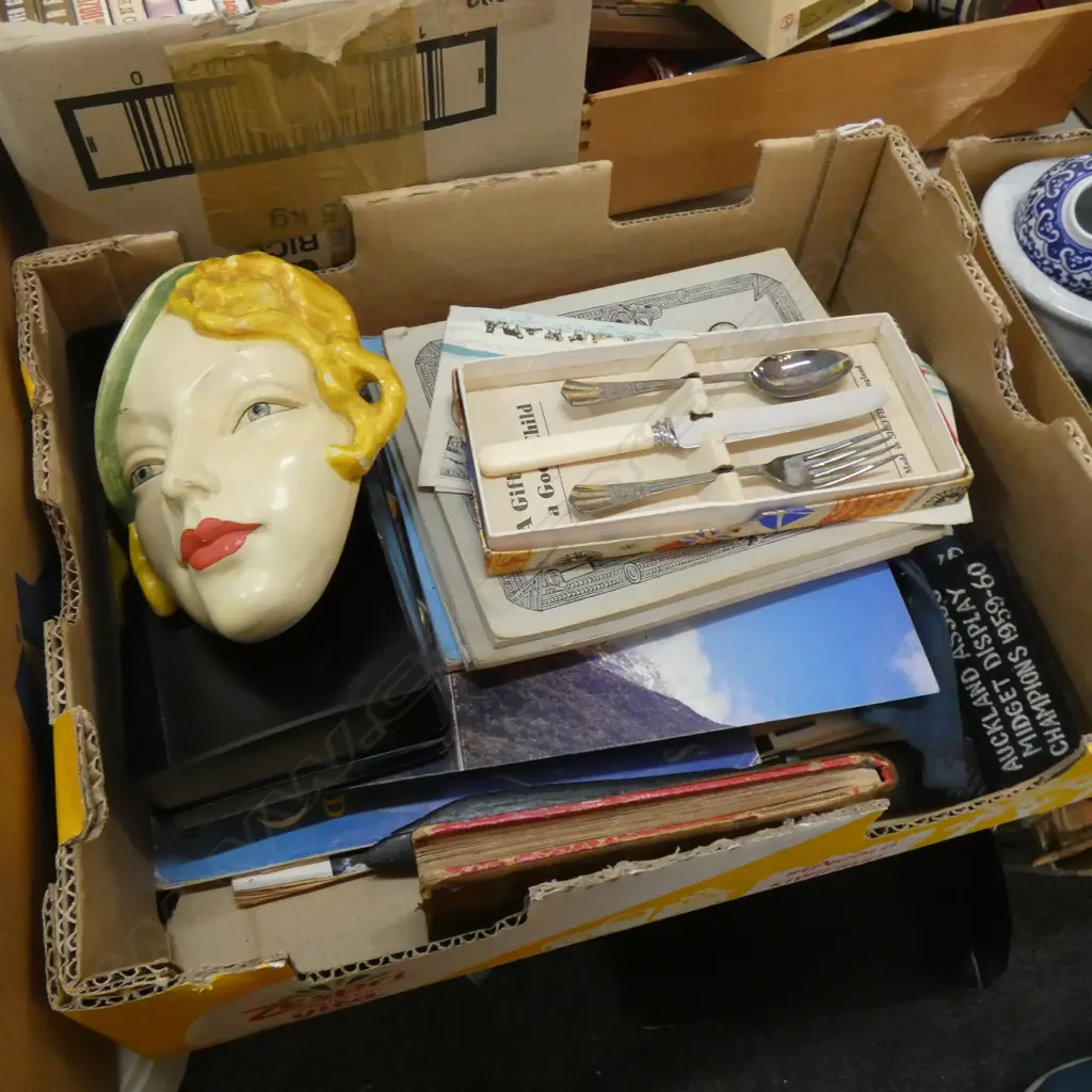 BOX LOT ASST EPHEMERA; COINS, DECO WALL FACE, ETC Image 1++