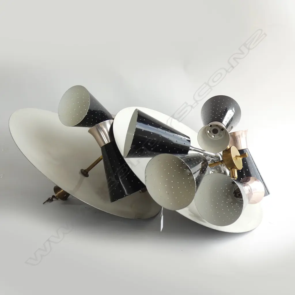 2 LARGE RETRO CEILING LIGHTS (BETALIGHT WGTN) 600mm dia + 2 SINGLE GOOSENECK WALL MOUNTED  Image 1++