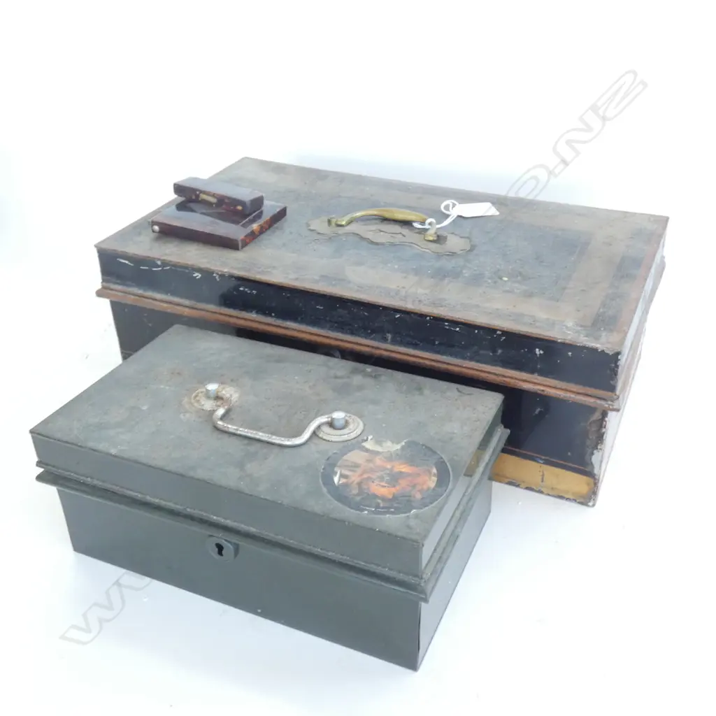 2 OLD TIN DOCUMENT BOXES & VICT. TORTOISHELL CARD CASE a.f Image 1++