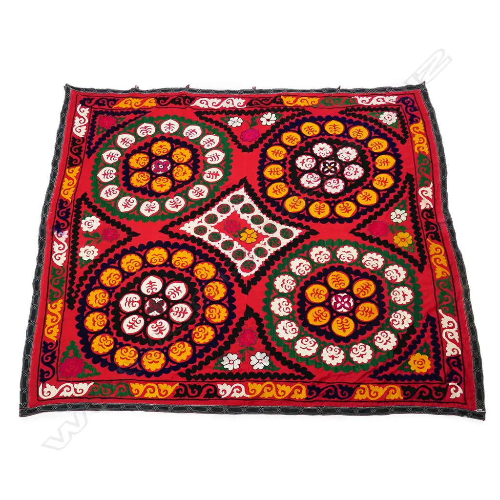 AN UZBEKISTANI SUZANI TEXTILE DECORATED WITH COLOURFUL CHAIN STITCH Image 1++