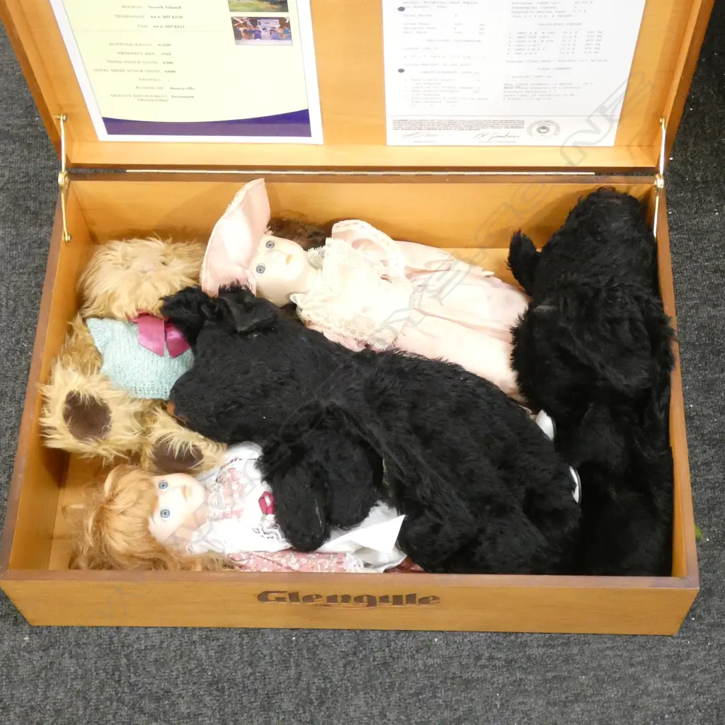 WOODEN BOX w. DOLLS & TEDDIES W.560mm Image 1++