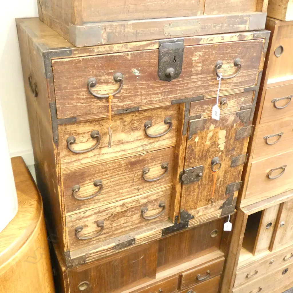 OLD JAPANESE SMALL TANSU CHEST 8-DRAWER (3 BEHIND CUPBOARD) Image 1++