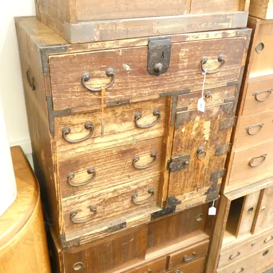 OLD JAPANESE SMALL TANSU CHEST 8-DRAWER (3 BEHIND CUPBOARD)
