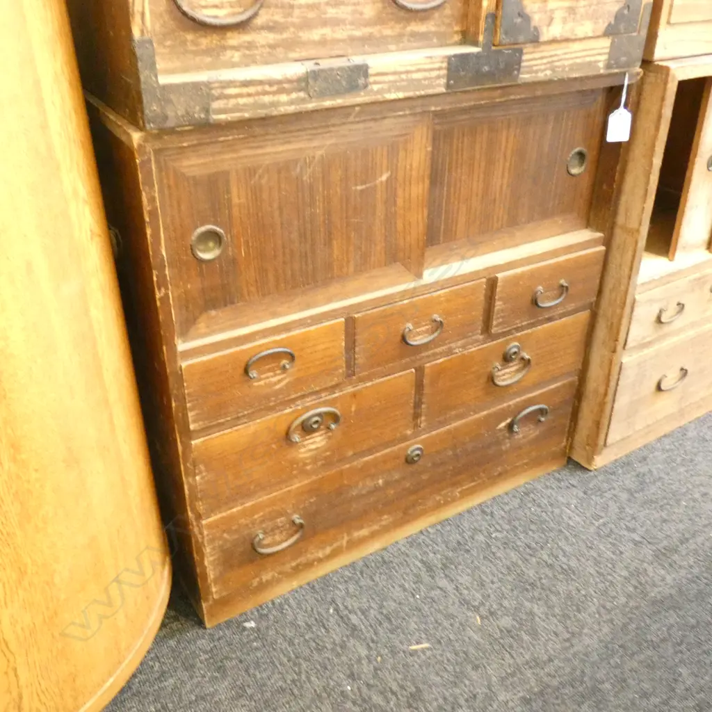 OLD JAPANESE SMALL TANSU CHEST 6-DRAWER / 2 SLIDING CUBPOARDS Image 1++