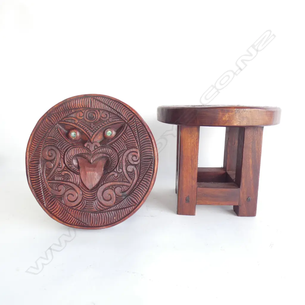 PR CARVED WOODEN MAORI STOOLS 275mm dia Image 1++