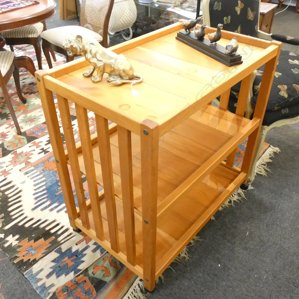 3 TIERED FIJIAN KAURI LIBRARY/BAR TROLLEY ON WHEELS H850 X L860 X 530 MM   Image 1++