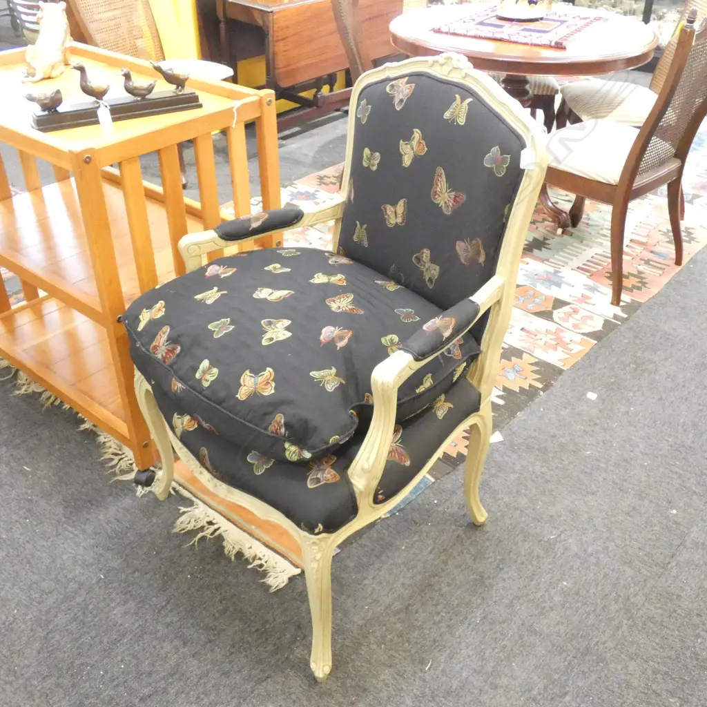 FRENCH STYLE BERGERE CHAIR; BLACK BUTTERFLY UPHOLSTERY Image 1++
