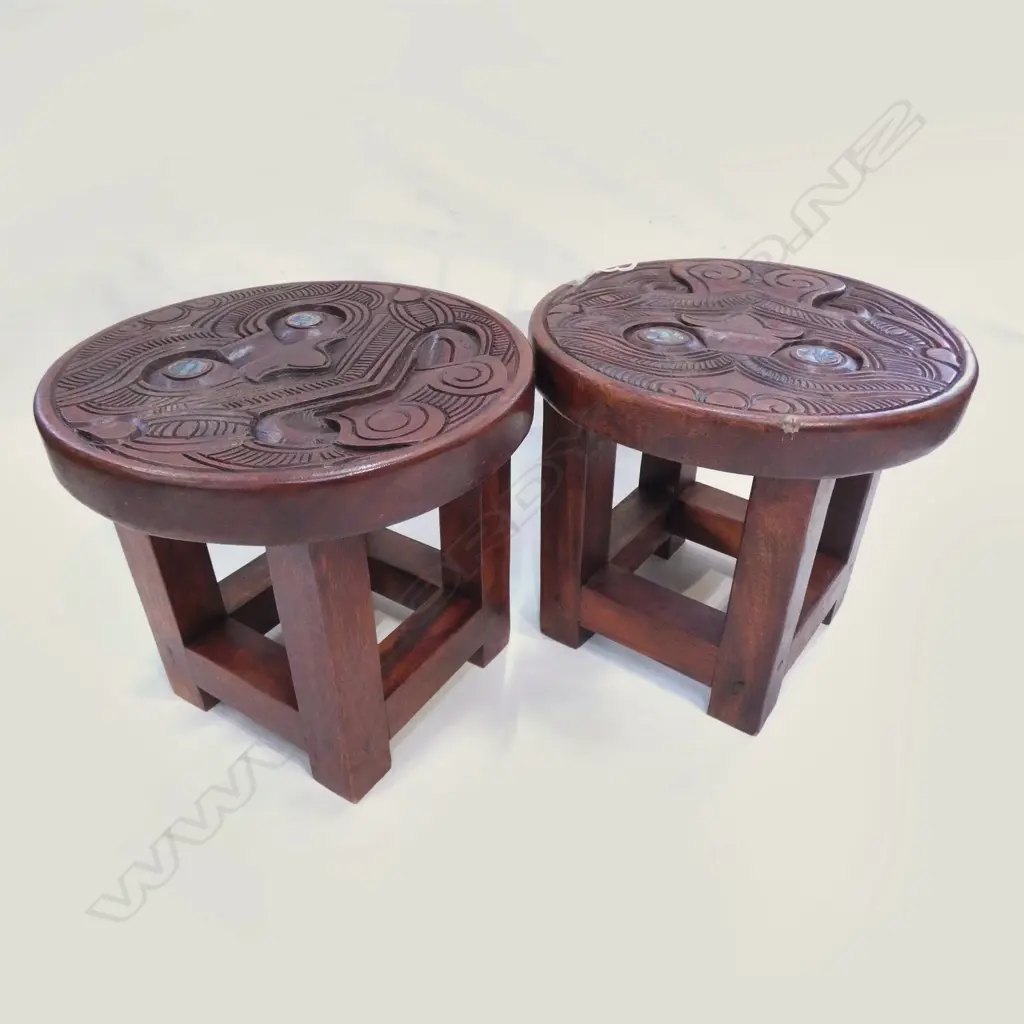 PR CARVED WOODEN MAORI STOOLS 260mm dia Image 1++