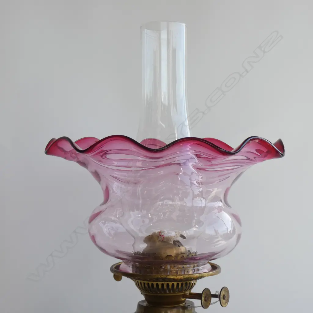 DOUBLE WICK KEROSENE LAMP, CRANBERRY SHADE AS NEW H.500mm Image 1++